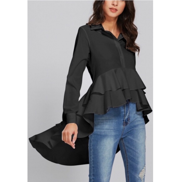 Black High Low Ruffles Hem Button Down Blouse - Picture 1 of 3